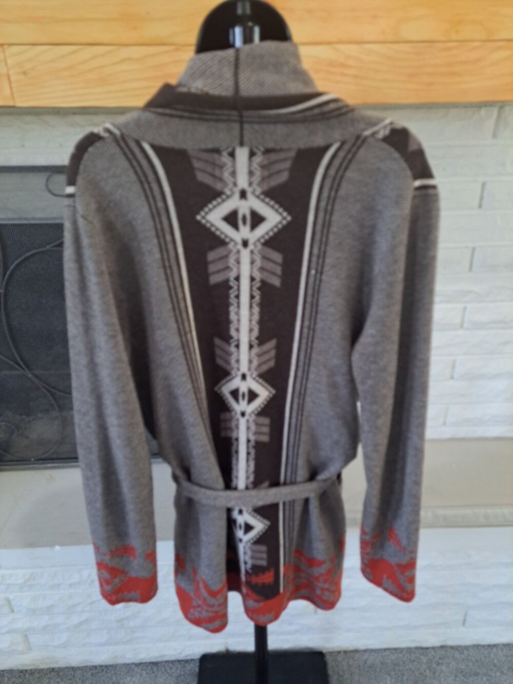 Aztec Southwestern Knit Cardigan Sweater Wool Bld Tie Patterns M. Rena Womens L - Picture 5 of 8